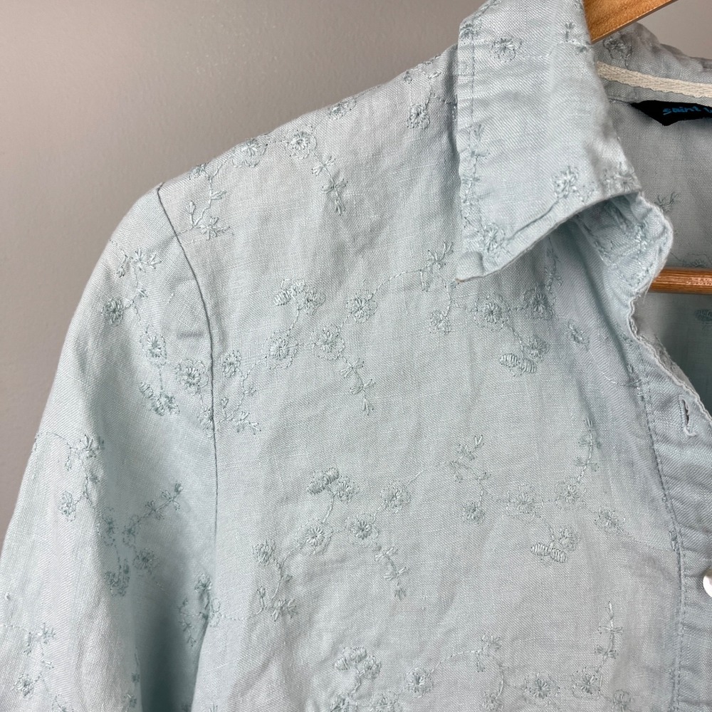 Saint Tropez West Linen Top Womens L‎ Dusty Blue Floral Embroidered Button Up - Picture 3 of 7